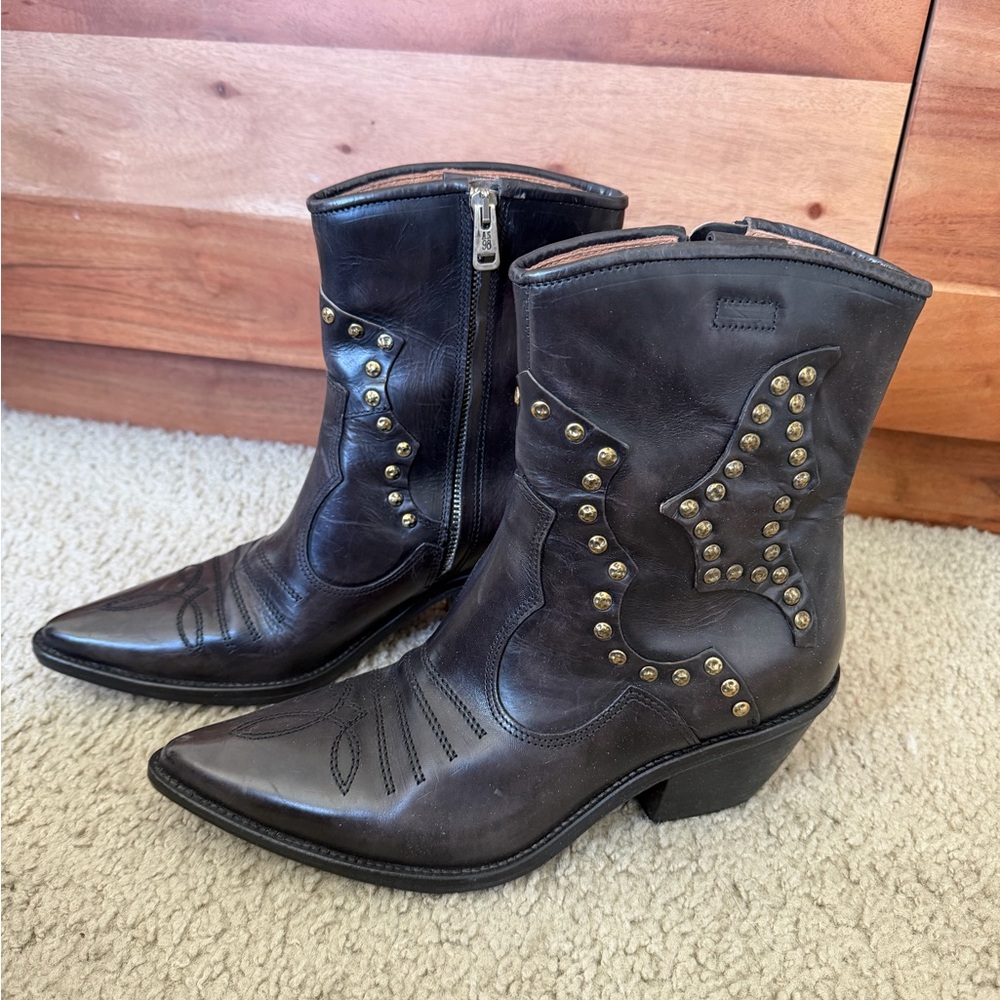 A.S.98 Black Leather Western Cowgirl Boots with Gold Studs